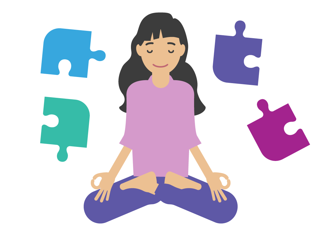 lady doing yoga surrounded by puzzle pieces