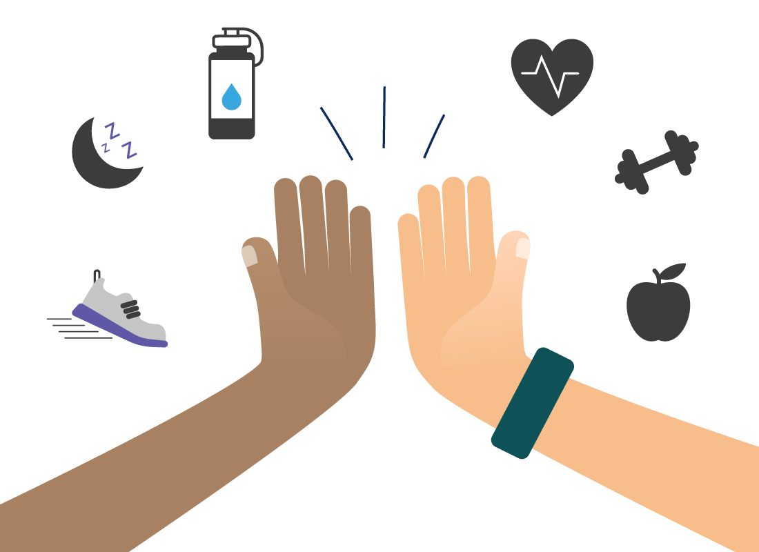 high fiving and a range of health icons