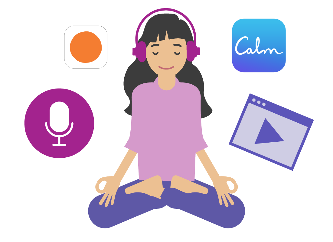 lady doing yoga surrounded by app icons of popular meditation apps
