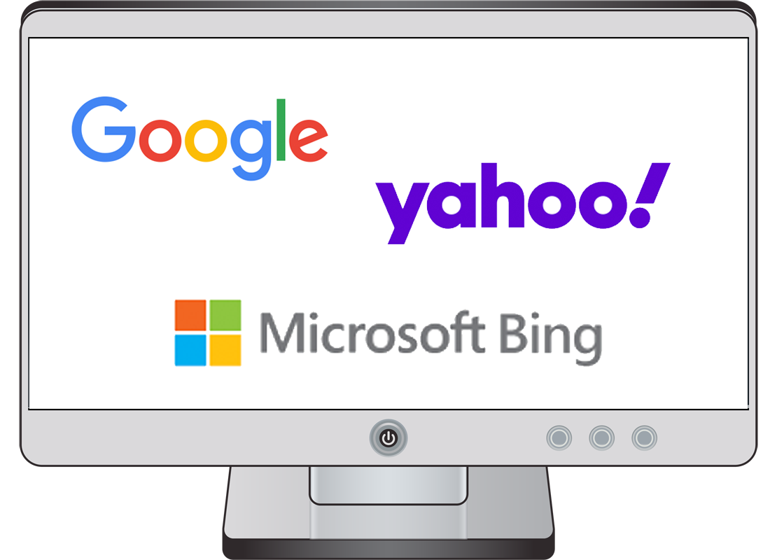 رسم توضيحي لشاشة كمبيوتر تعرض شعارات Google و Bing و Yahoo.