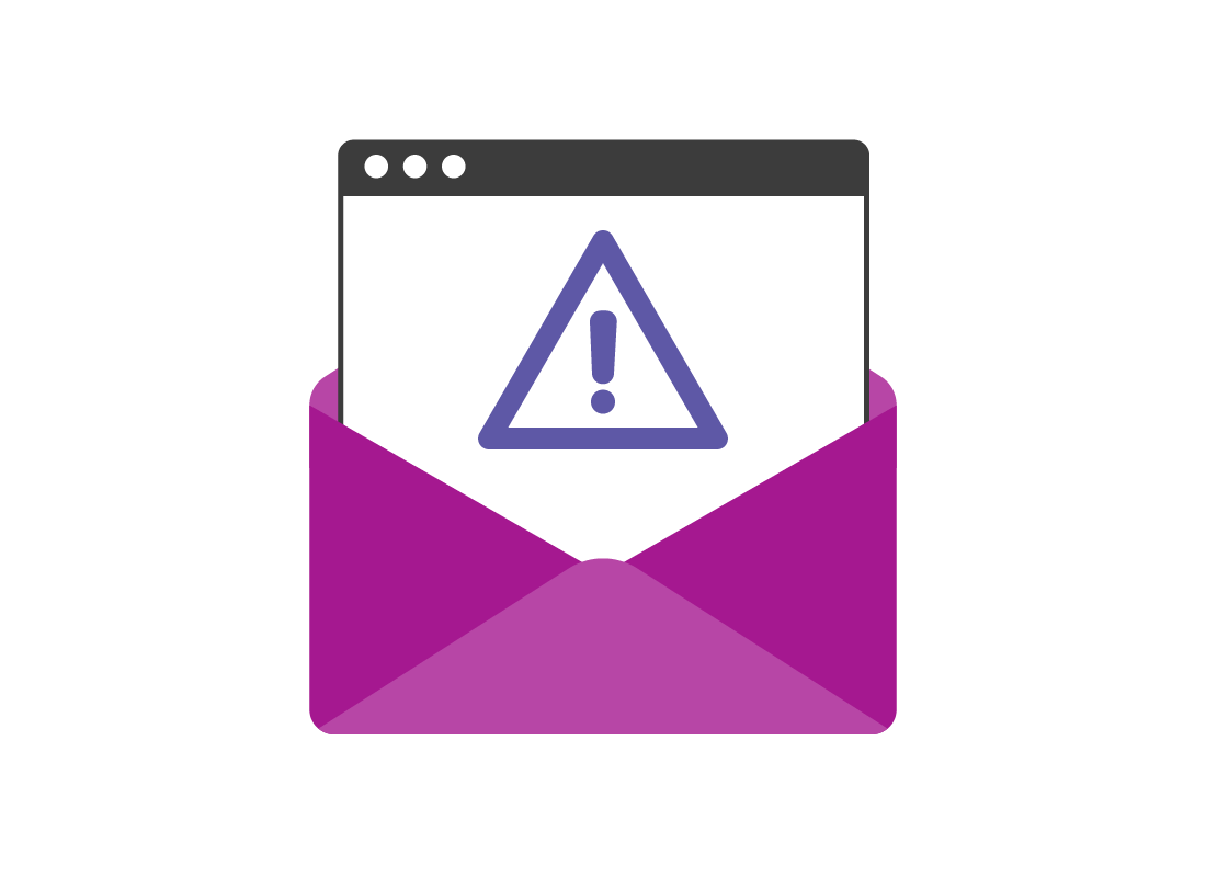 An illustration of an emai showing a warning sign, popping out of an envelope