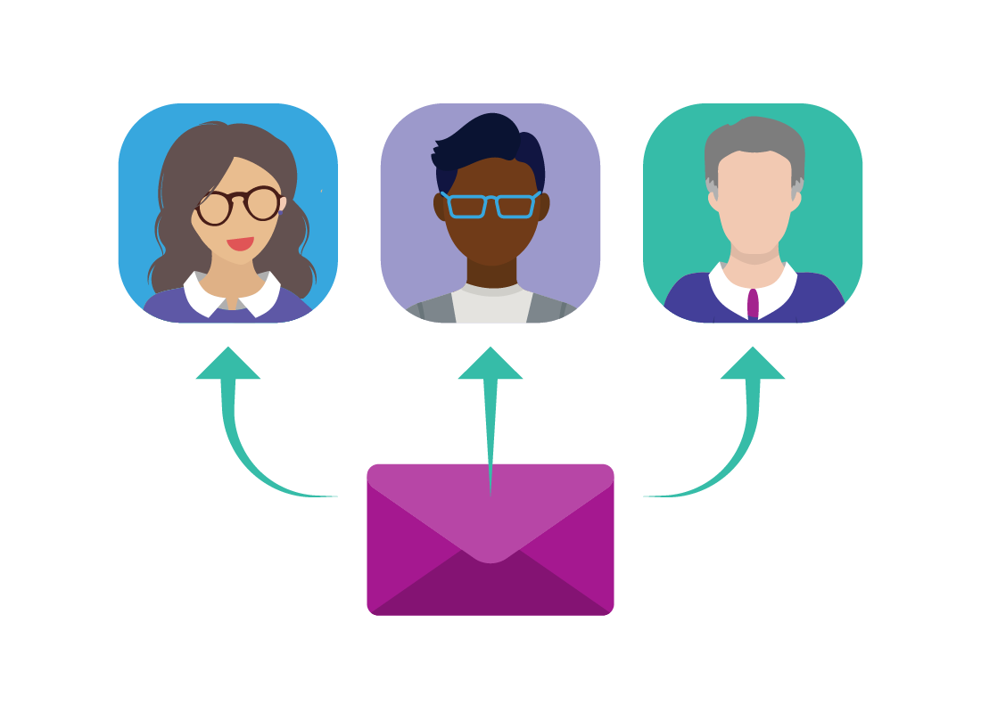 An illustration showing the same email being delivered to three different people at the same time