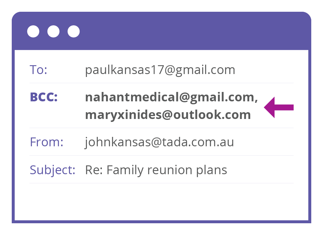 A close up of an email header showing the Blind Carbon Copy field
