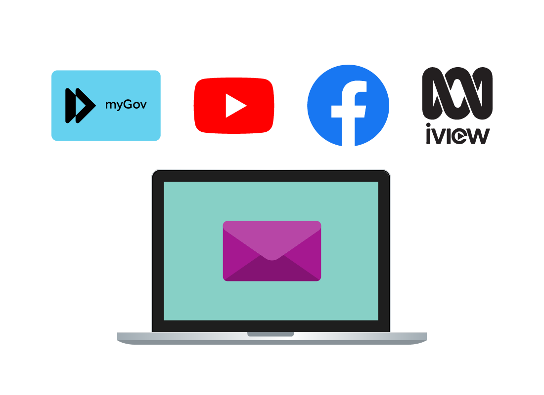 An illustration of a laptop computer with the myGov, YouTube, Facebook and ABC logos