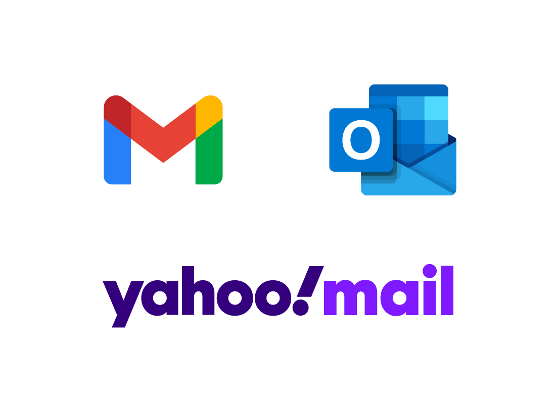 The Gmail, Outlook and Yahoo Mail logos