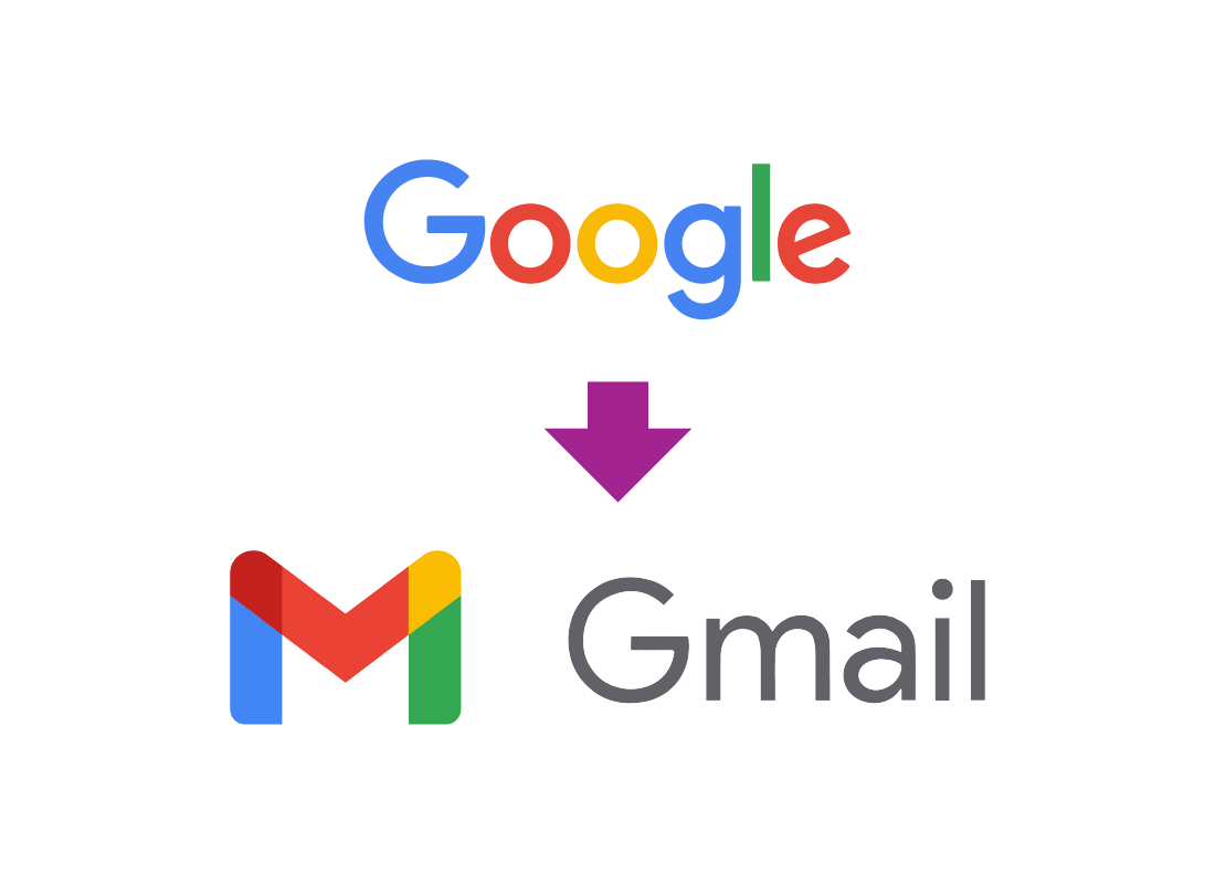The Google logo with an arrow pointing down to the Gmail logo