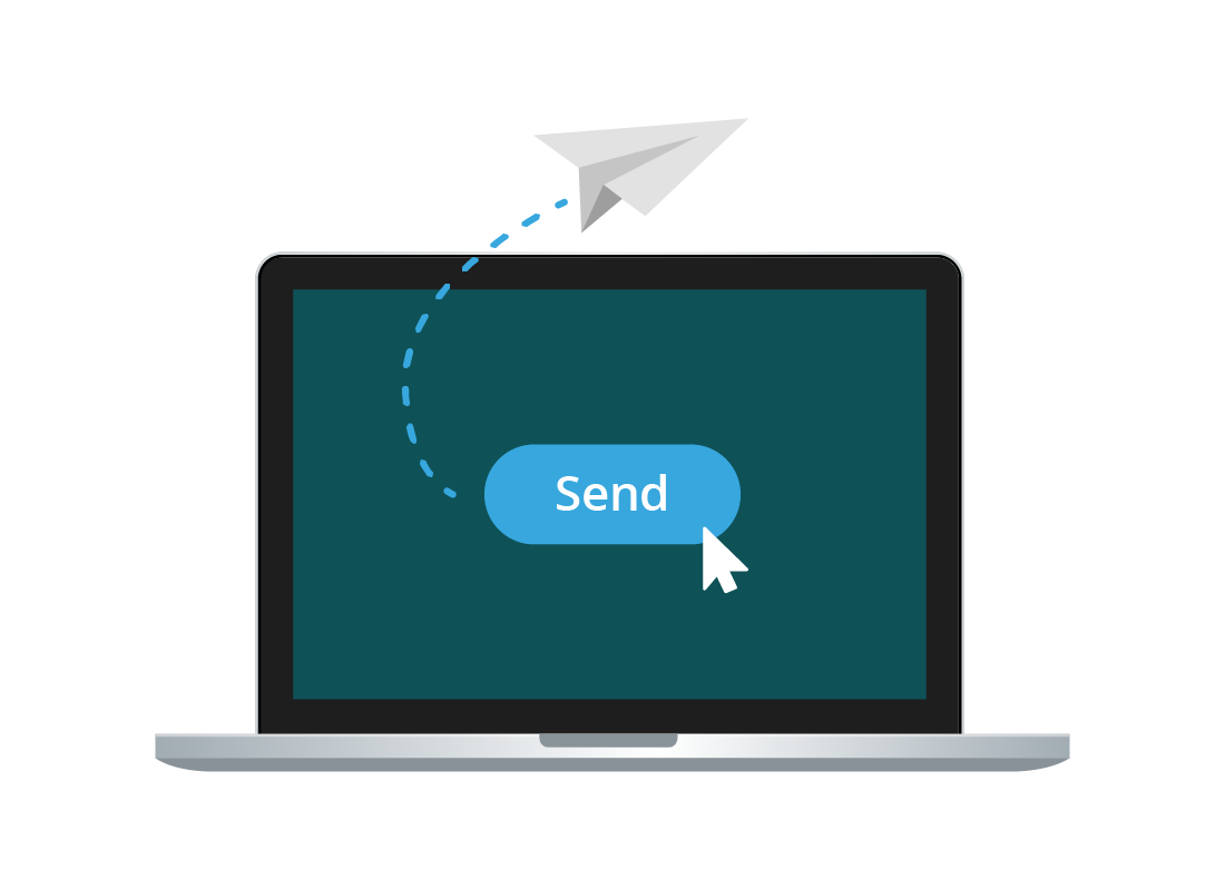 An illustration of an email flying out of a laptop computer