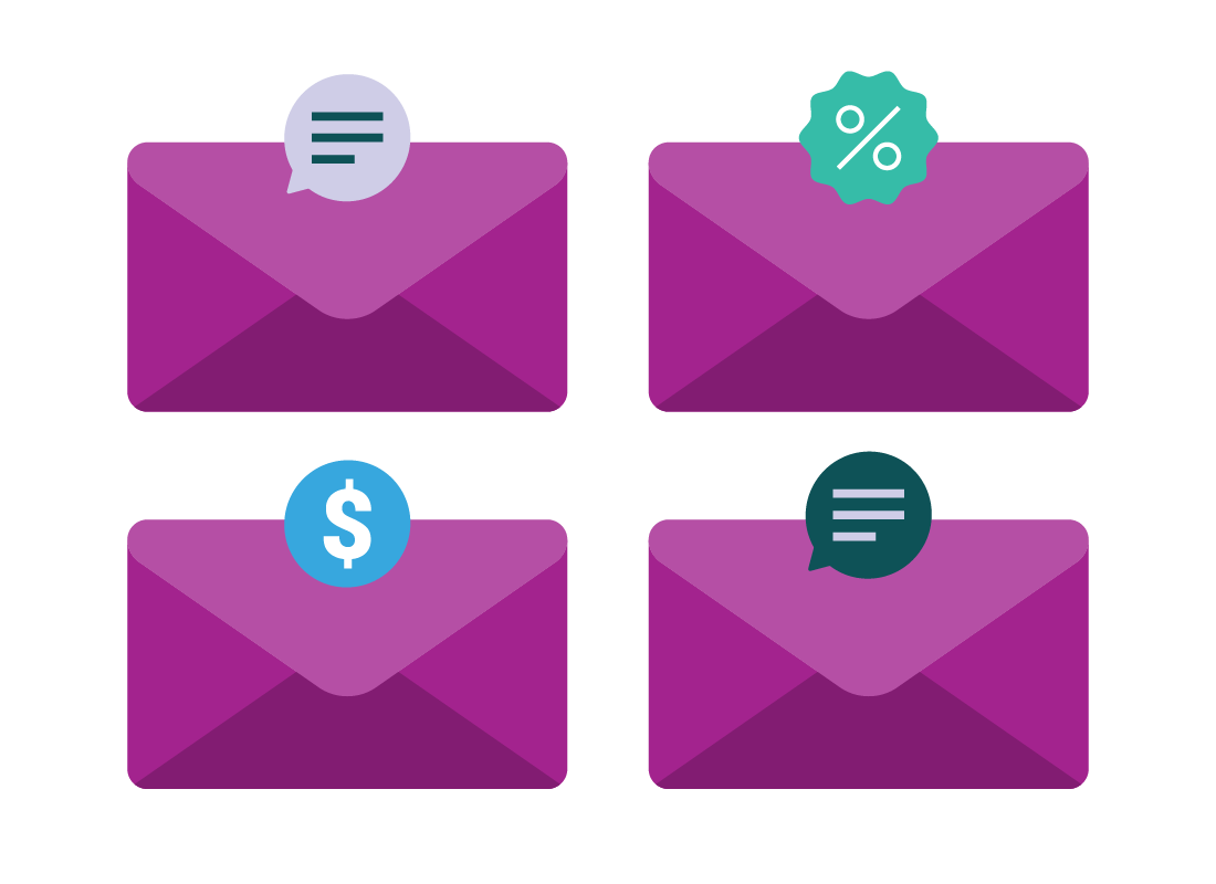 An illustration of four different email envelopes