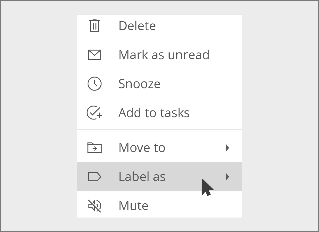 Gmail's right-click menu showing the Label as option highlighted