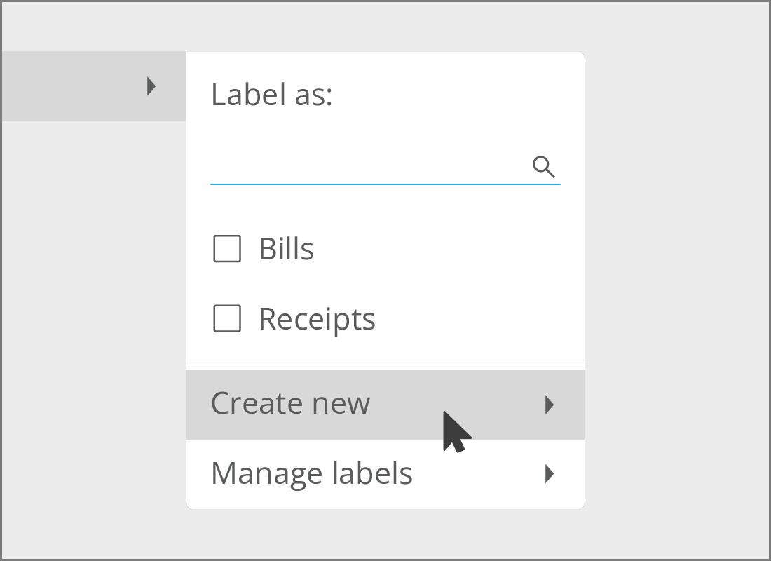 The pop-up menu in Gmail showing the Create new (label) menu option highlighted