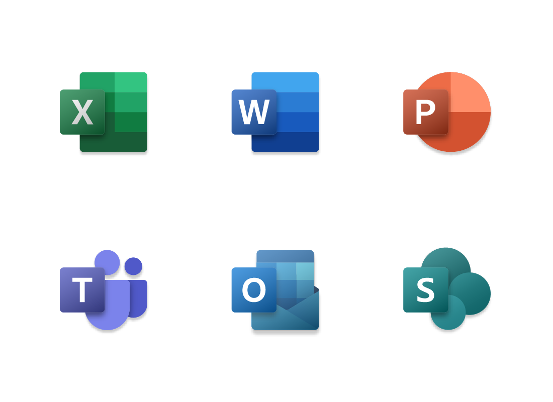The Microsoft Excel, Word, Powerpoint, Teams, Outlook and Sharepoint logos