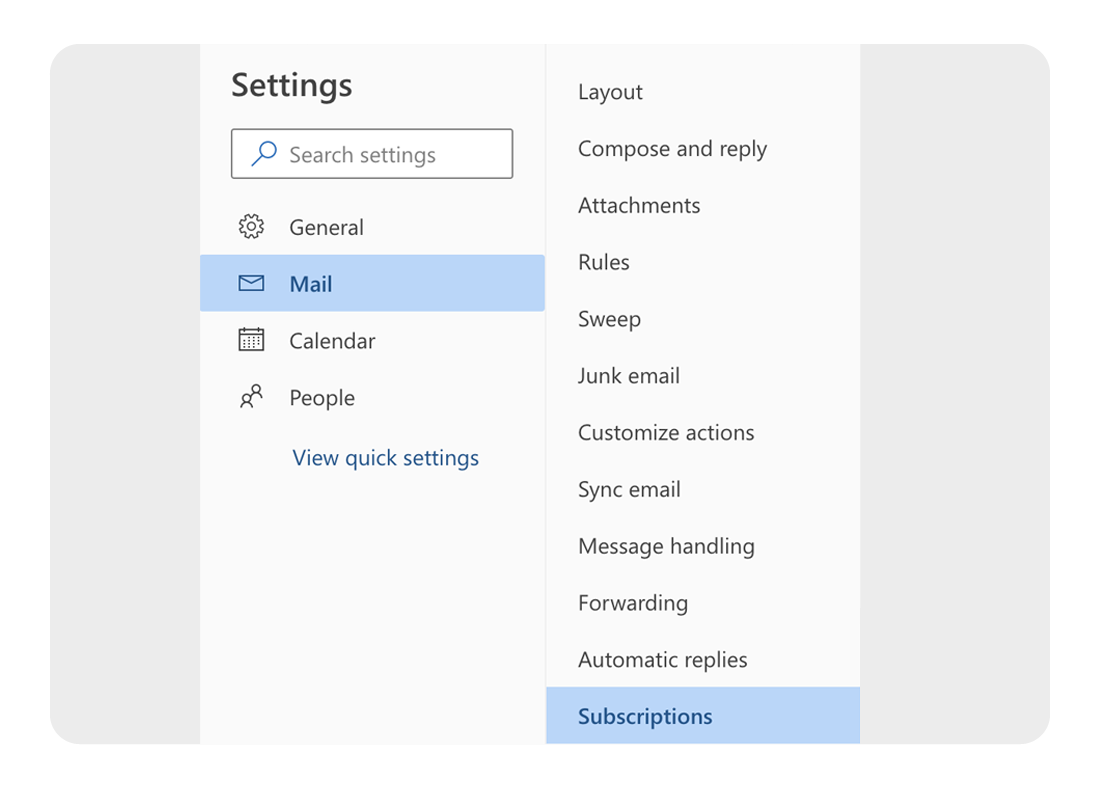 The Settings / Mail / Subscriptions menus in Outlook