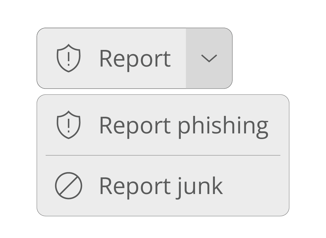 The Report drop-down menu options of Report phishing and Report junk