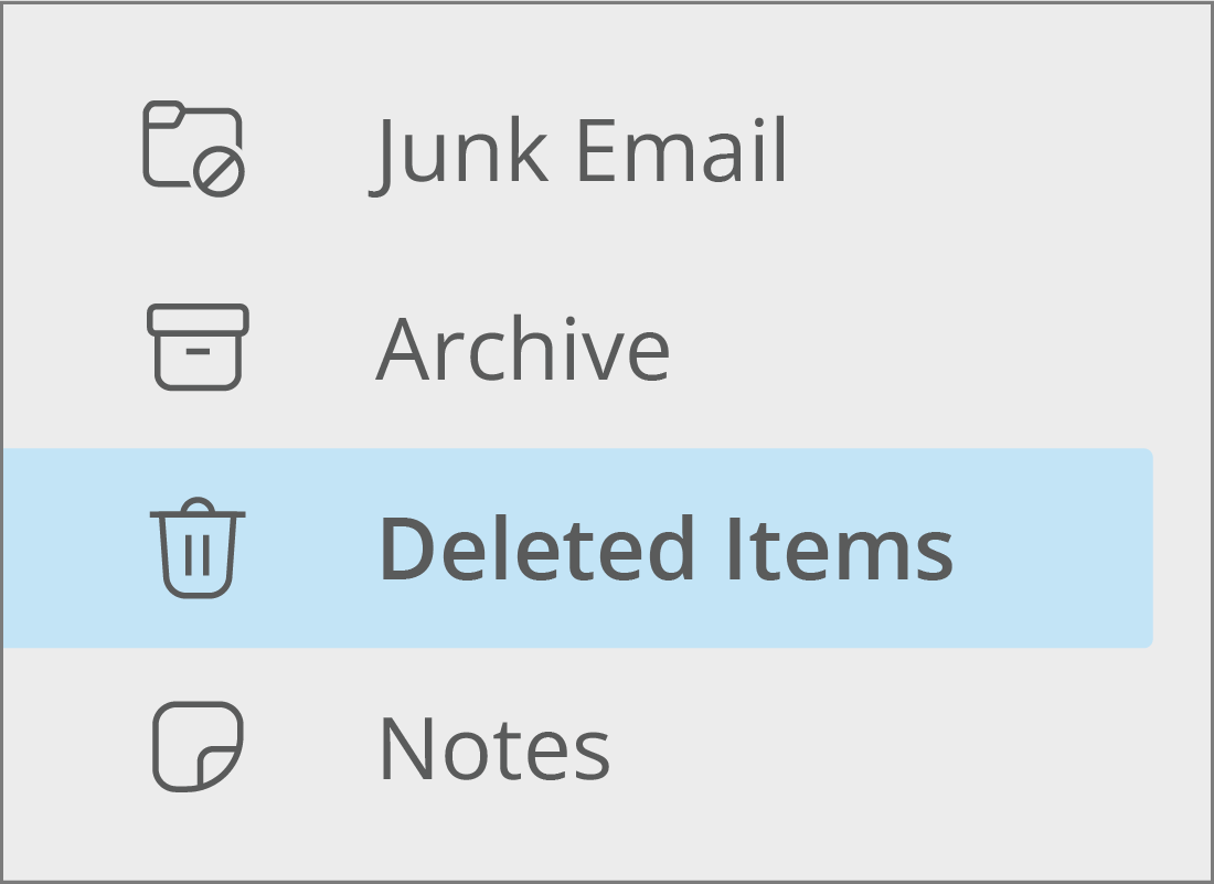 The Deleted Items folder highlighted in Outlook's default list of folders