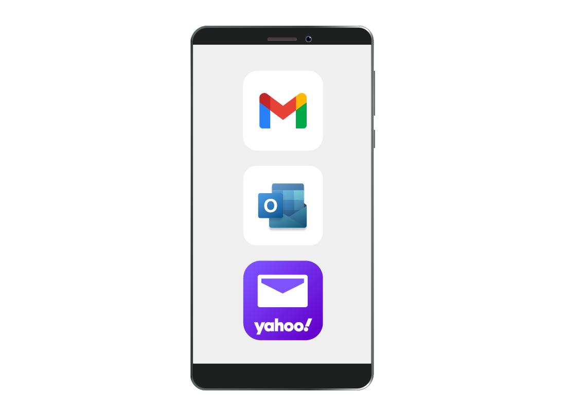 A mobile phone showing the apps for Gmail, Outlook and Yahoo Mail