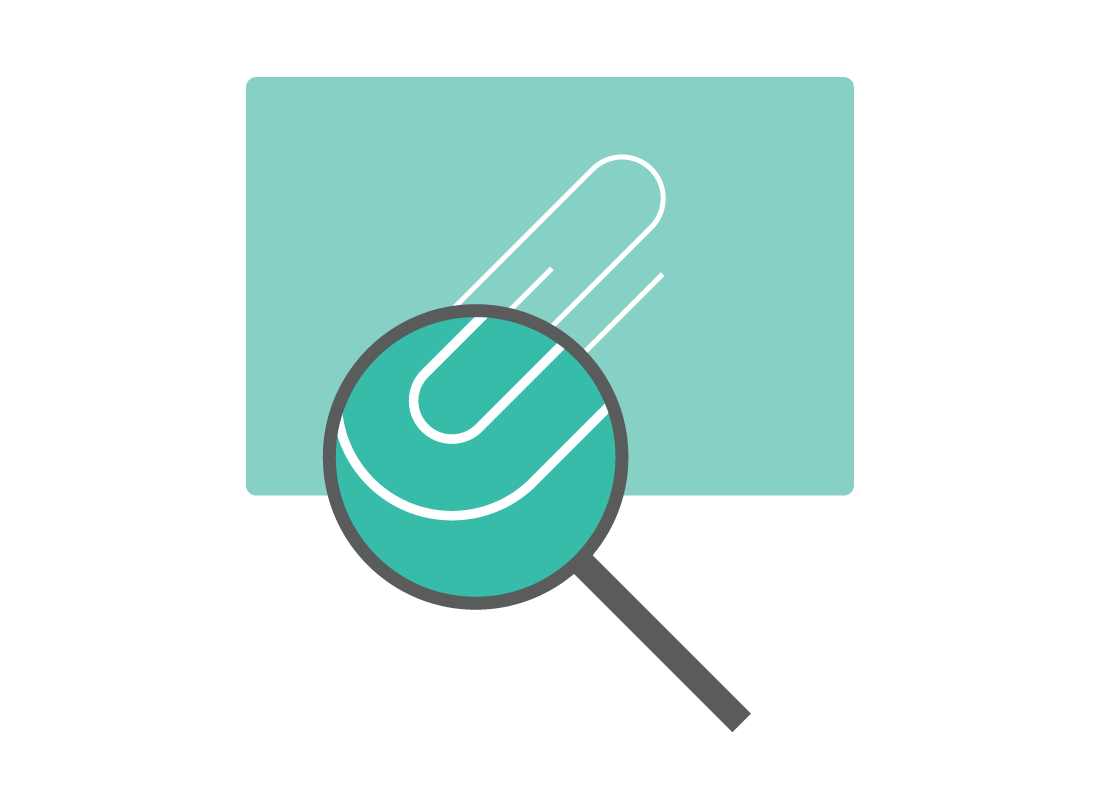 An illustration of a magnifying glass inspecting a paper clip icon