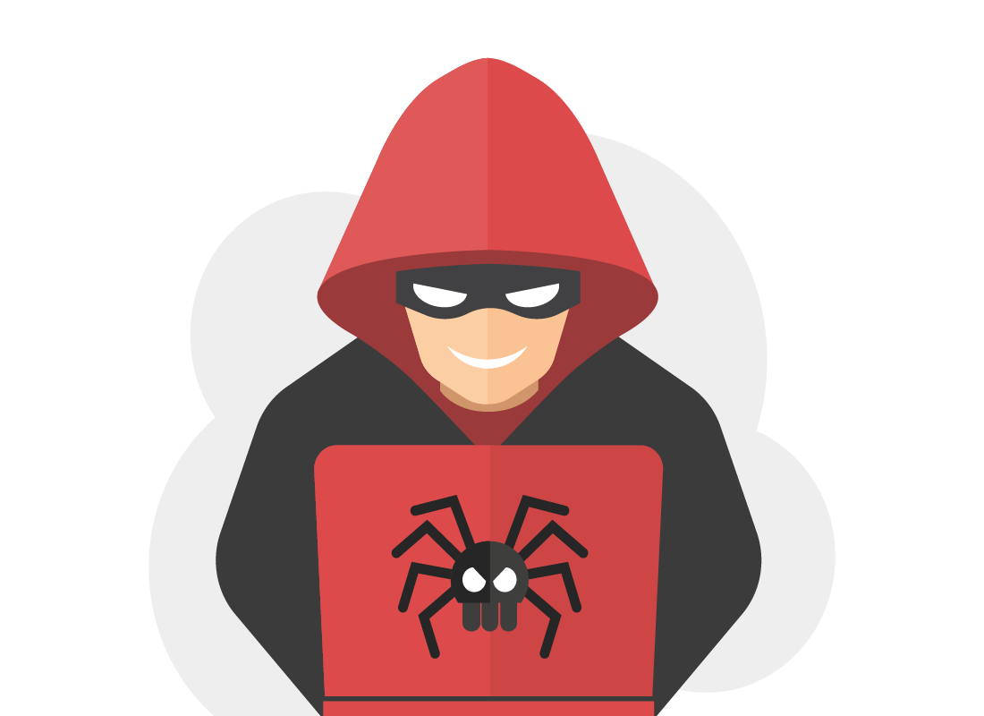 An illustration of a sinister person in a hoodie using a laptop computer