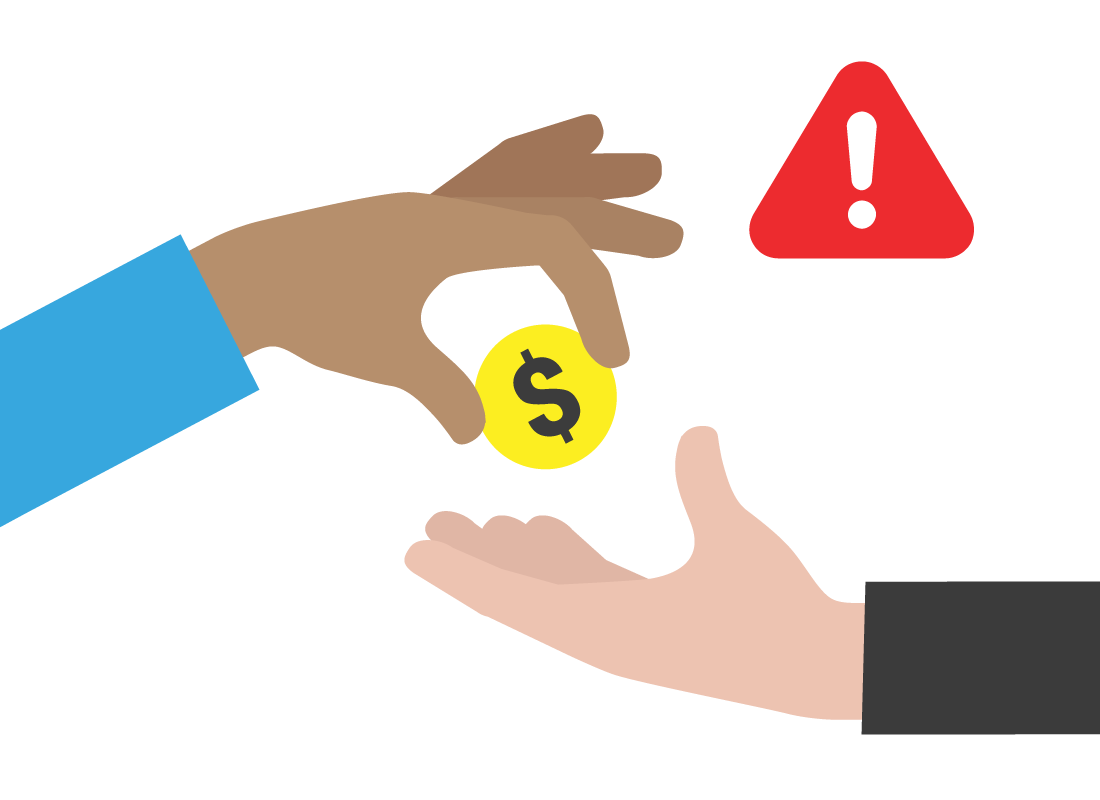 An illustration of someone paying another person with an alarm sign next to them