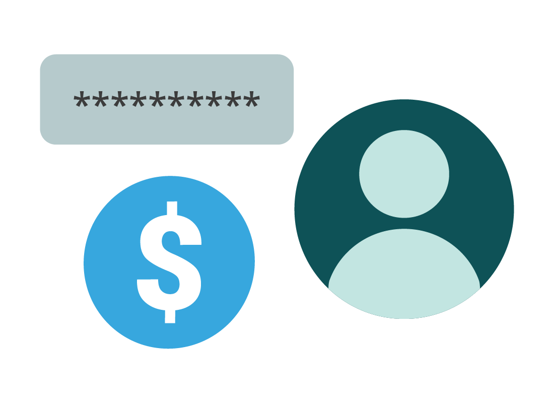 An illustration of a password field obscured by asterisks, a dollar sign and an icon of a person
