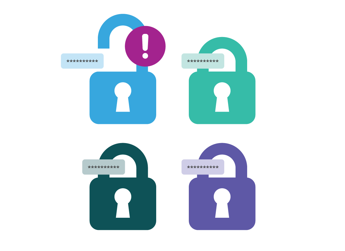 An illustration of four padlocks and passwords, one padlock opened with an exclamation mark
