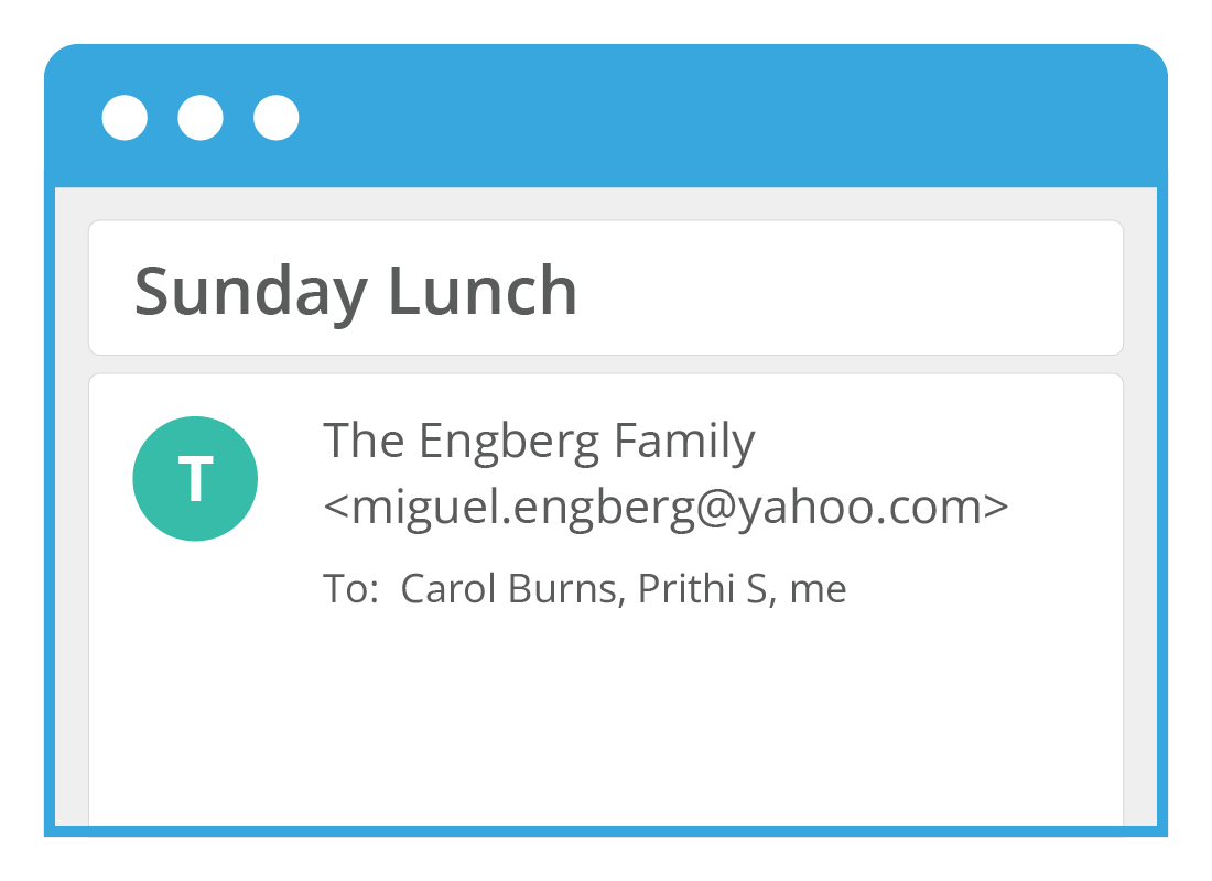 A close up of an email header showing a Display Name of The Engberg Family with their email address being miguel.engberg@yahoo.com