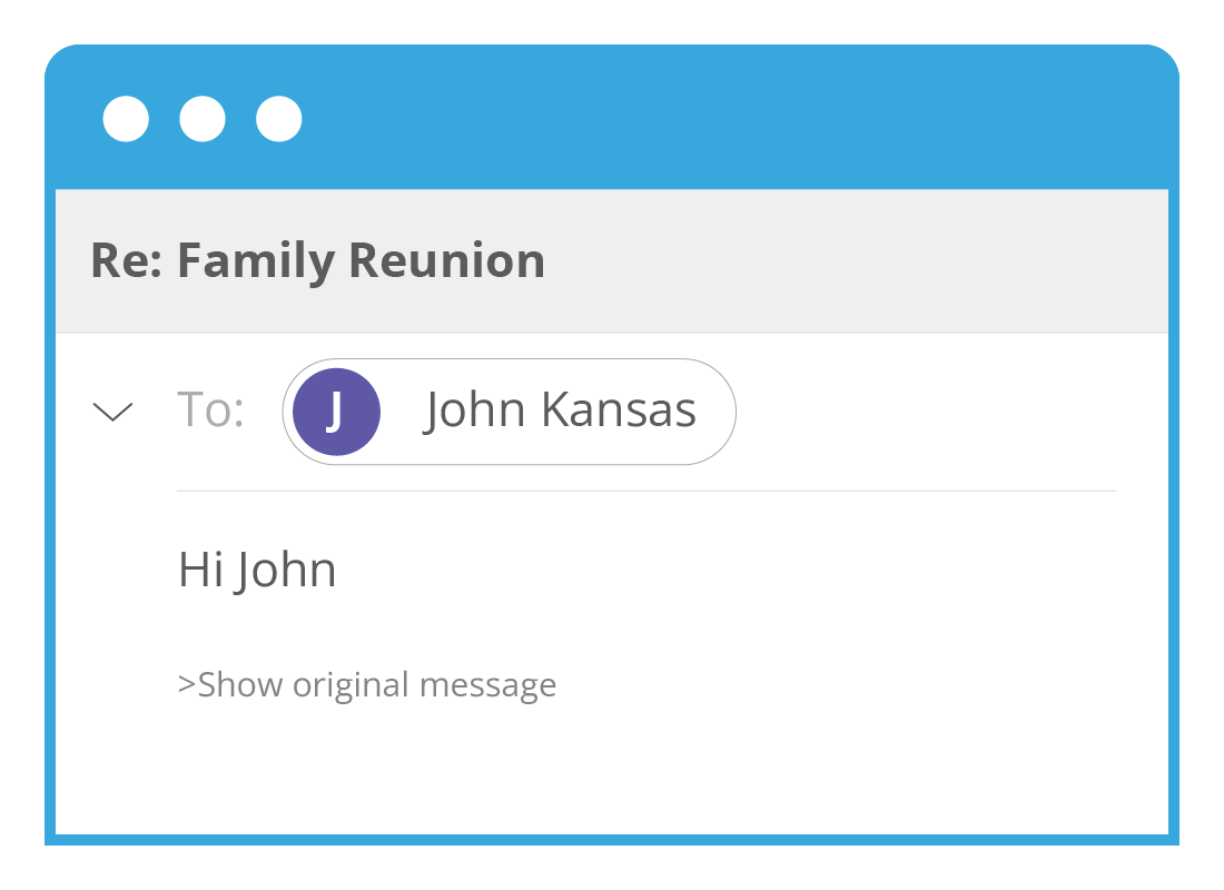 A close up of an email header showing the Re: Family Reunion subject