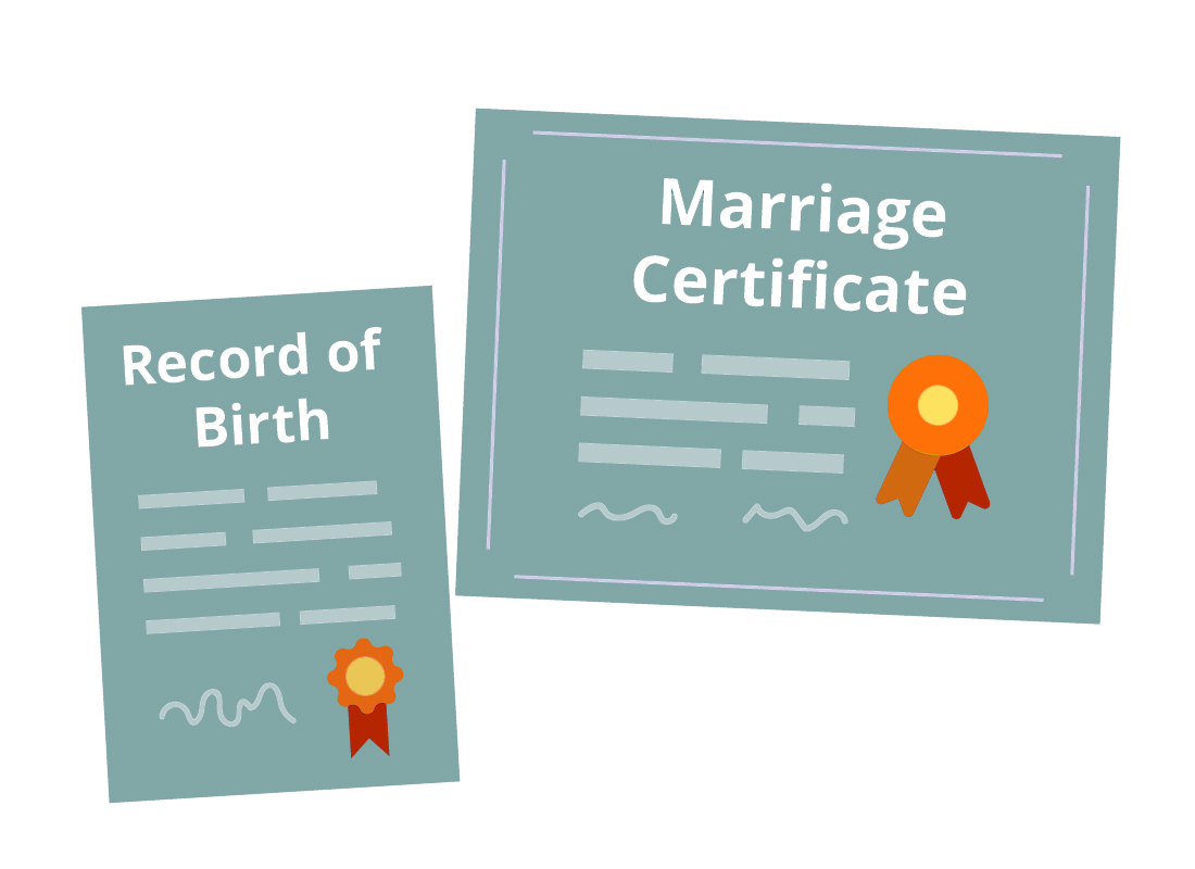 An illustration of birth and marriage certificates