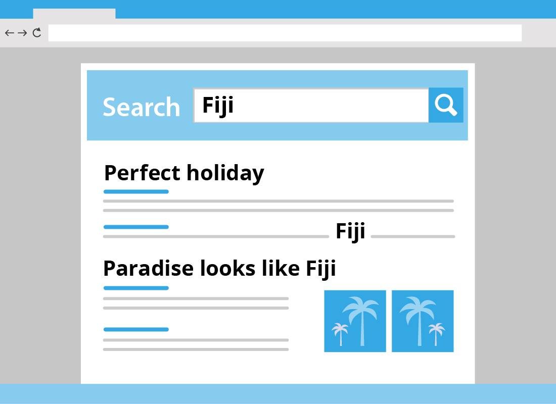 An illustration of a search field looking for 'Fiji' in a list of blog posts