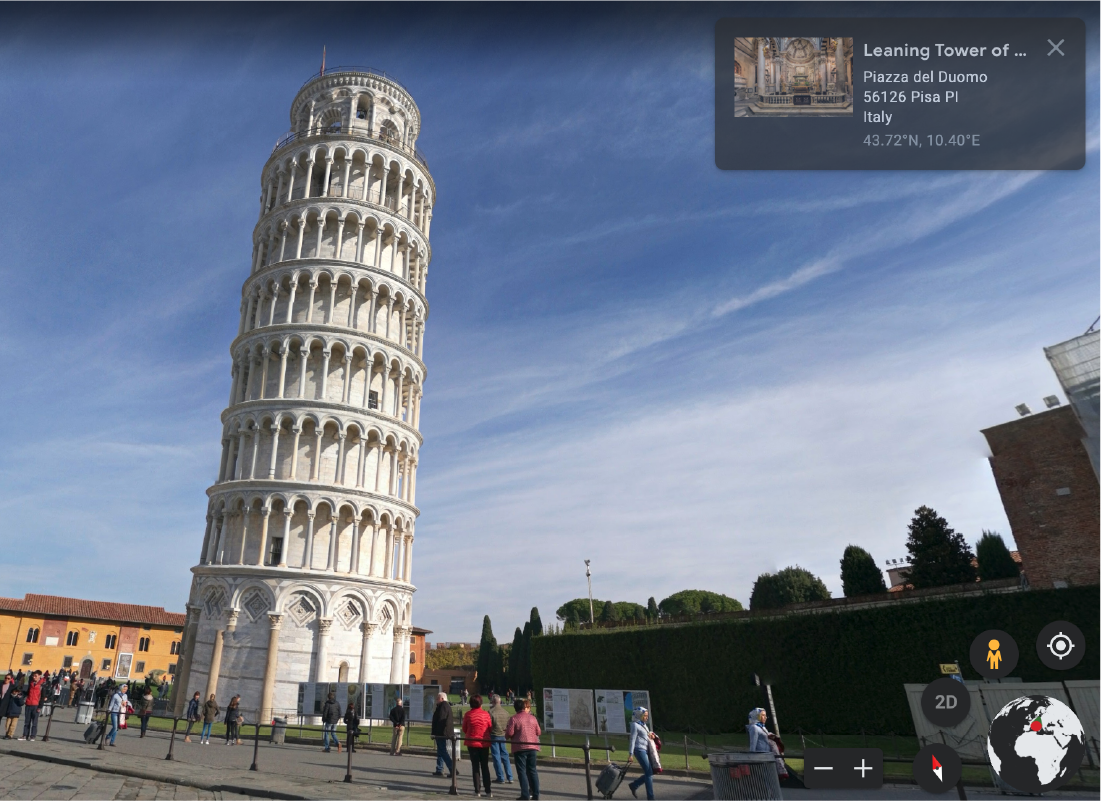 A screenshot of a virtual walk around the Leaning Tower of Pisa. You can see the people, the landmarks and the area around the Tower in amazing detail. This shows what the Tower looks like when you are using Google Earth’s street view function.