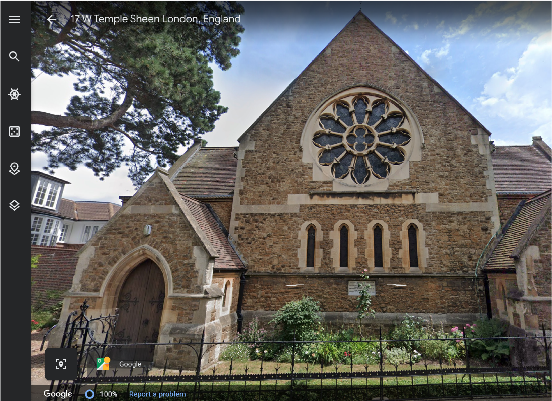 A screenshot of an old Church in England. This shows what the church looks like when you are using Google Earth’s street view function.