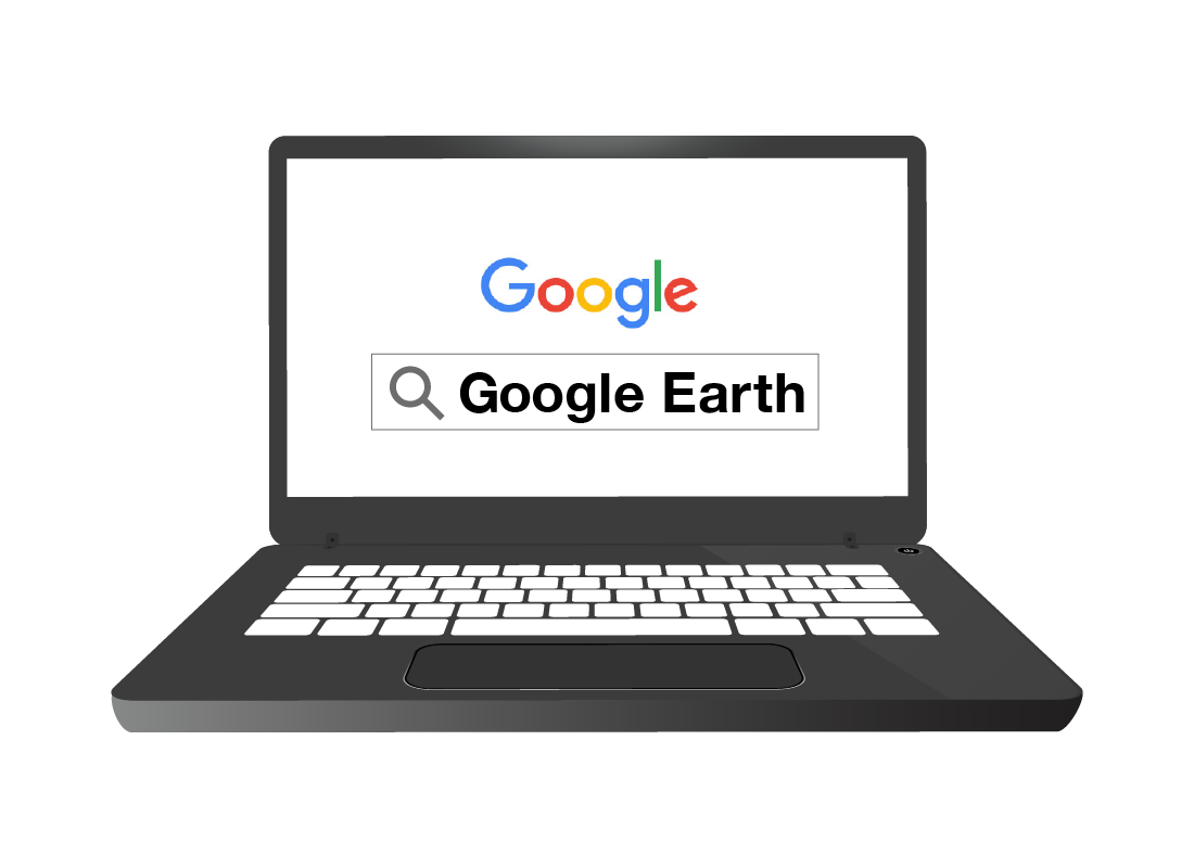 An illustration of a laptop with Google’s Chrome browser open and the words ‘Google Earth’ in the search bar.