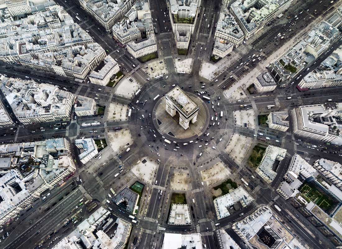 An aerial view of the Arc de Triomphe in Paris.