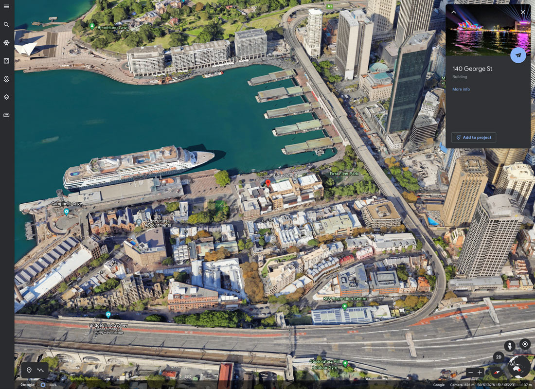 A screenshot of what you see on Google Earth when you search for ‘140 George Street, The Rocks, Sydney’. We can see an aerial photo of Circular Quay and the Museum of Contemporary Art.