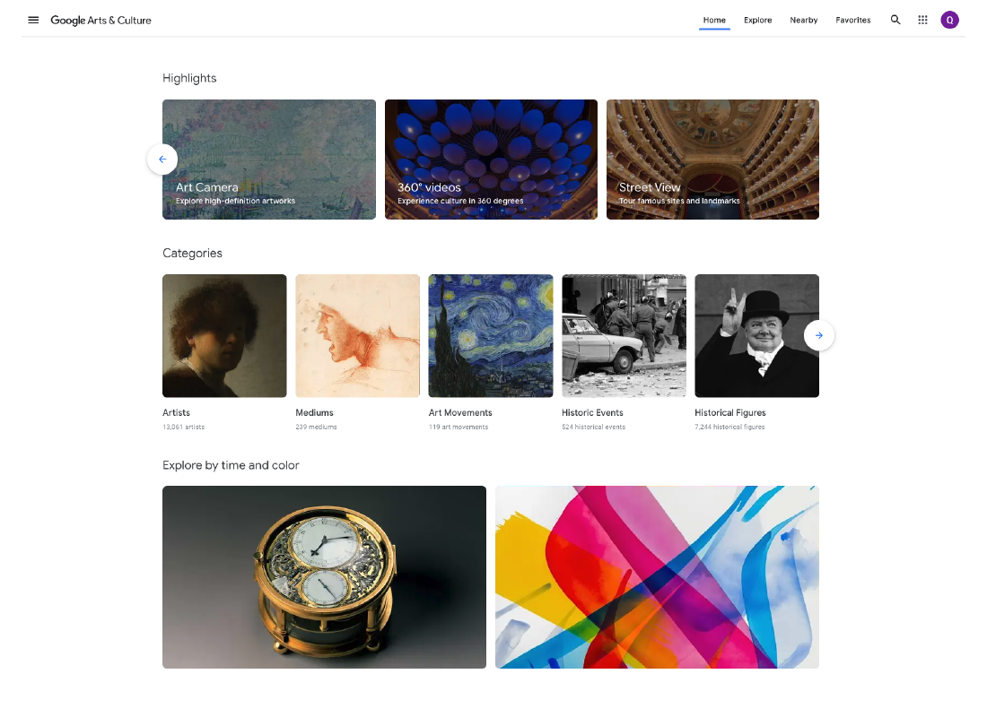 A screenshot from the Google Arts & Culture website with just a few highlights on offer
