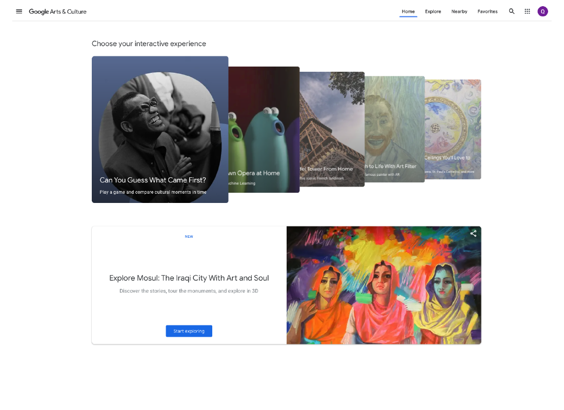 A screenshot taken from the Google Arts & Culture website home page