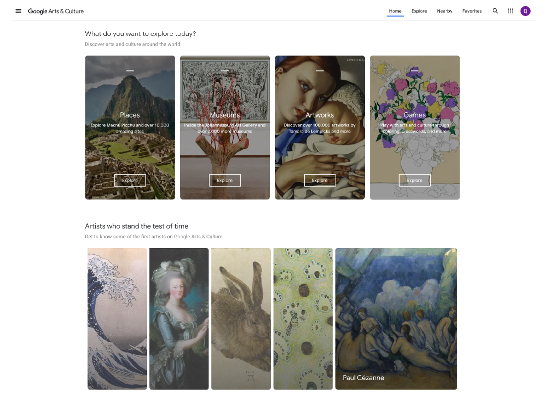 Some of the featured stories on the Google Arts & Culture website