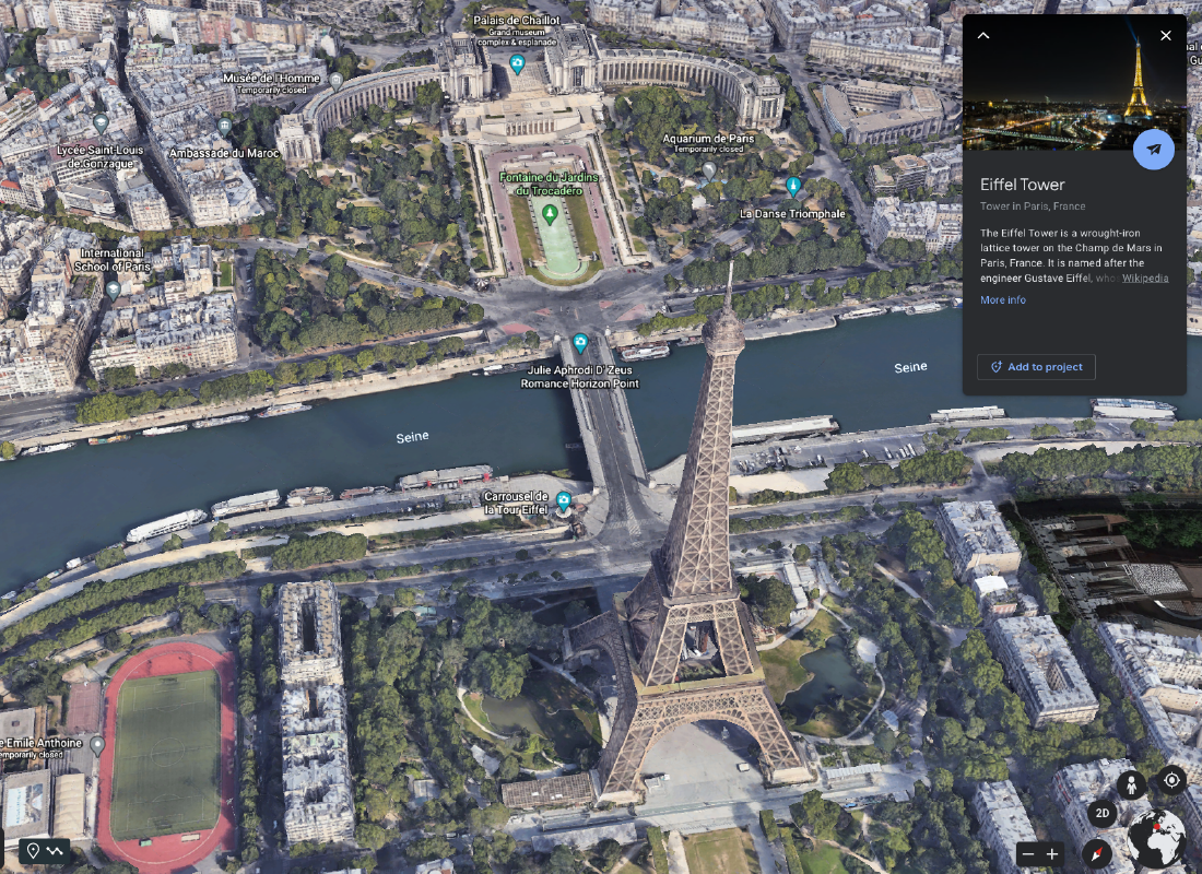 A screenshot of Google Earth showing points of interest around the Eiffel Tower in Paris.