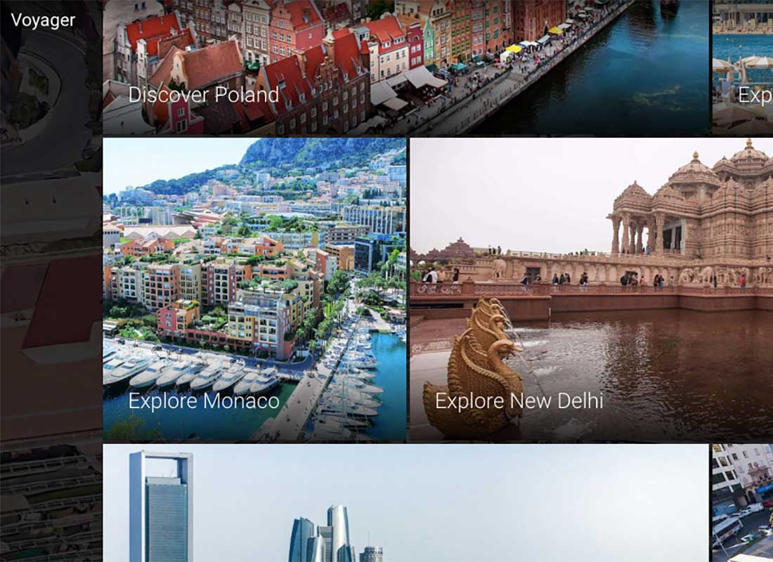 A screenshot of the Google Earth screen with exciting topics you can click on to explore, such as ‘Explore Monaco’ or ‘Discover Poland’.