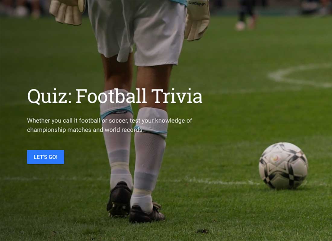 A screenshot of one of Google Earth Voyager’s quizzes, this example is a Football trivia quiz.