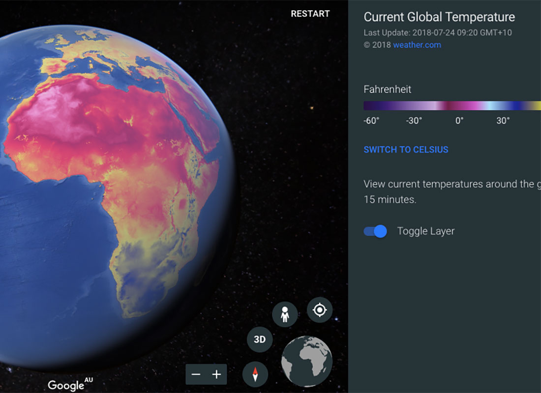 A screenshot of one of the weather screens Google Earth Voyager offers, this example shows the current global temperature.