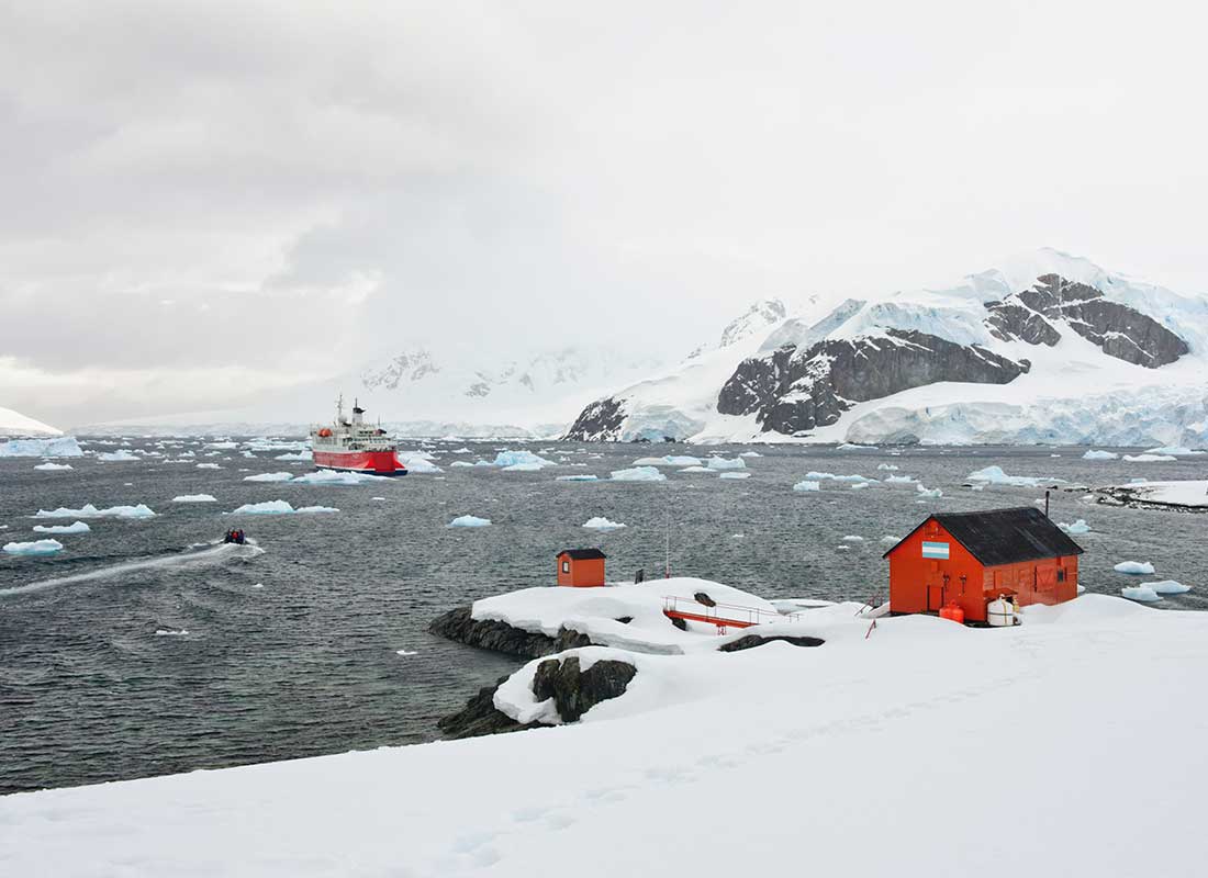 A striking photograph of the Mawson Station in Antarctica.