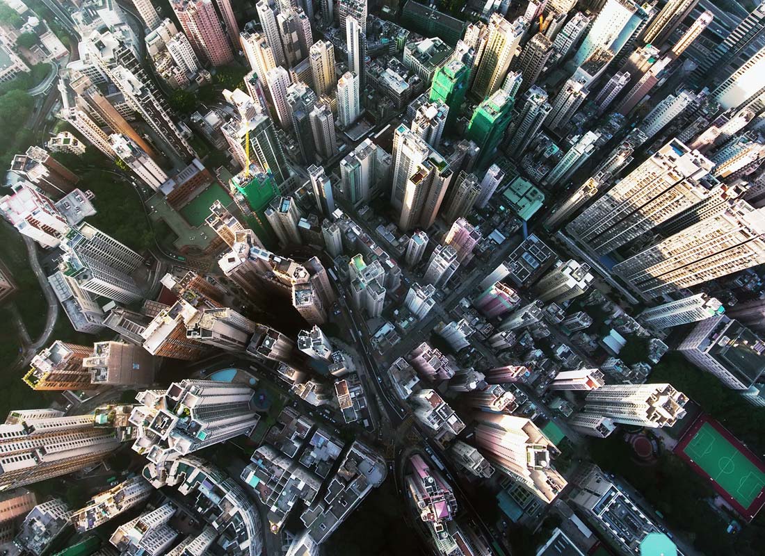 An aerial photograph of skyscrapers in a city, as you might see on Google Earth.