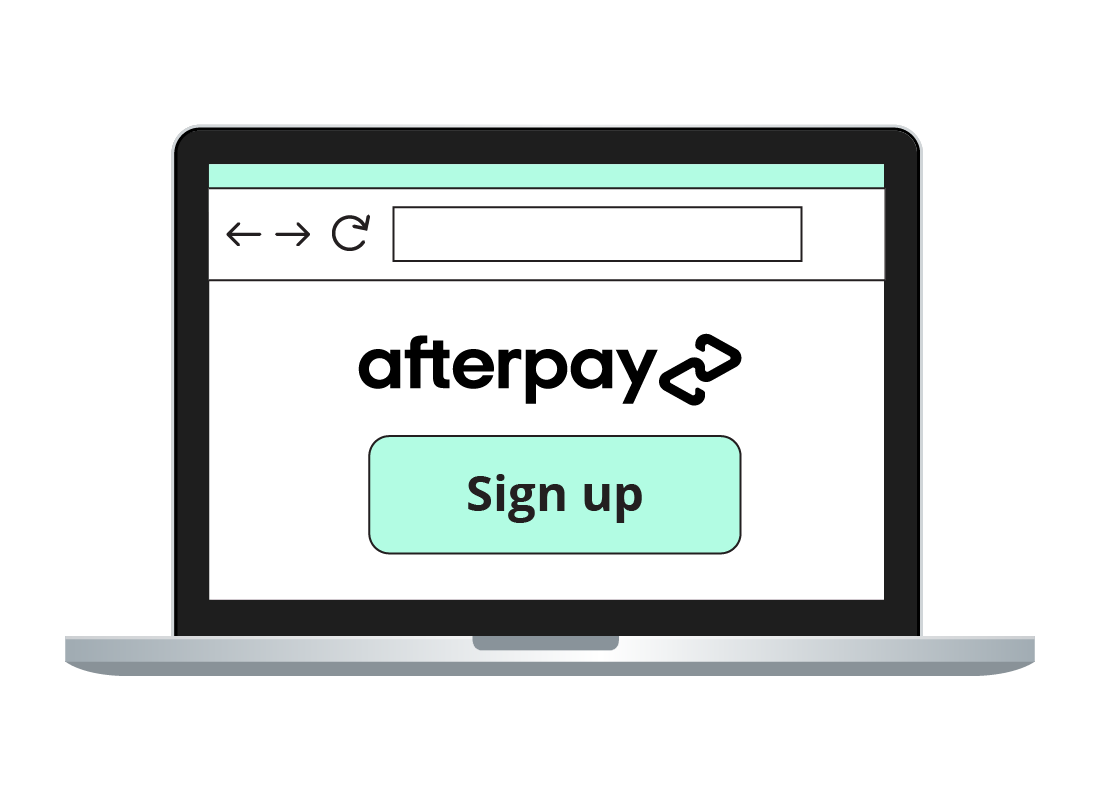 A laptop computer screen showing the Afterpay logo and a Sign up button